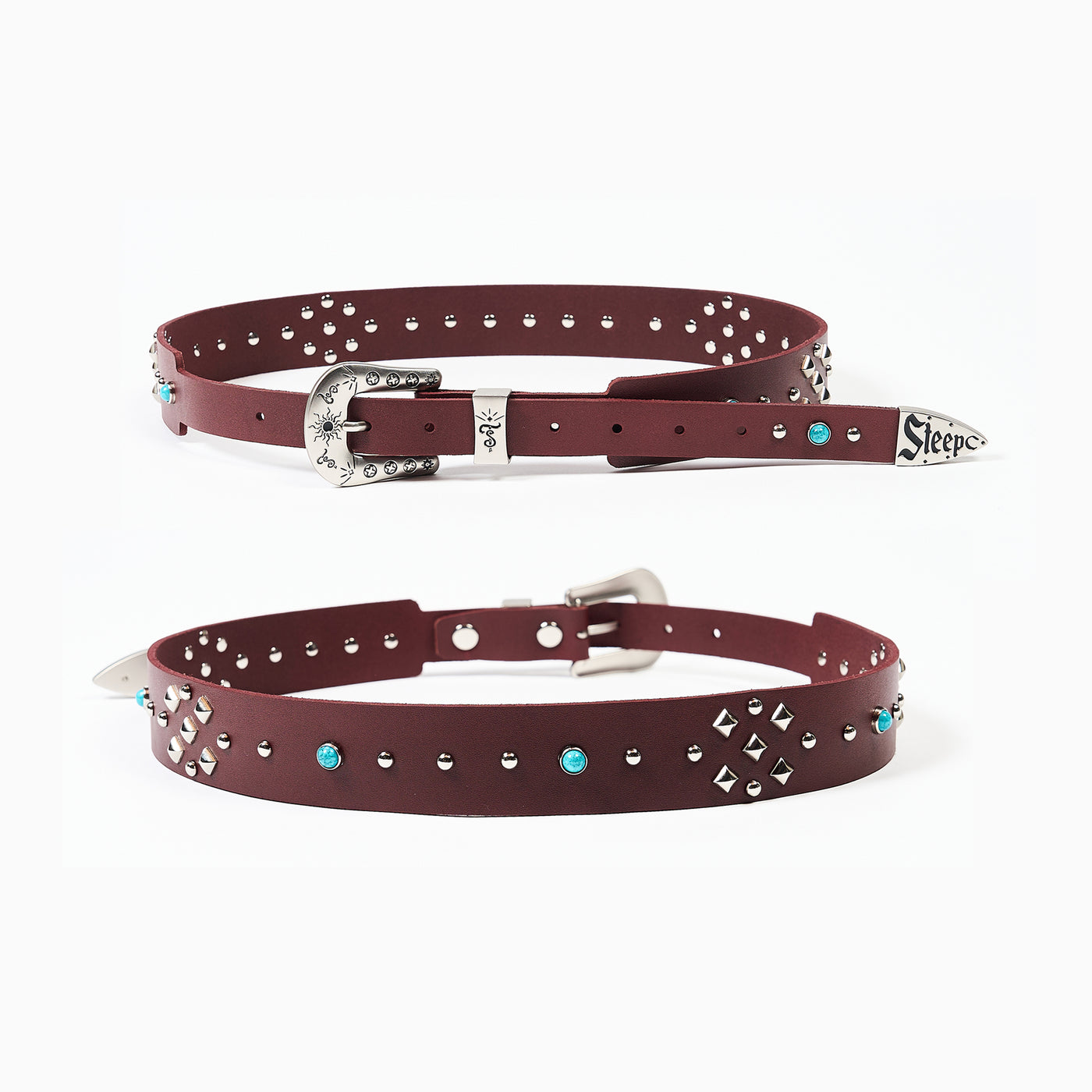 STEEPC Turquoise Studded Tanned Leather Belt | Face 3 Face