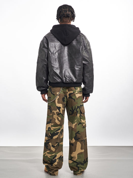 F3F Select PU Leather Hooded Fake Two Piece Jacket | Face 3 Face