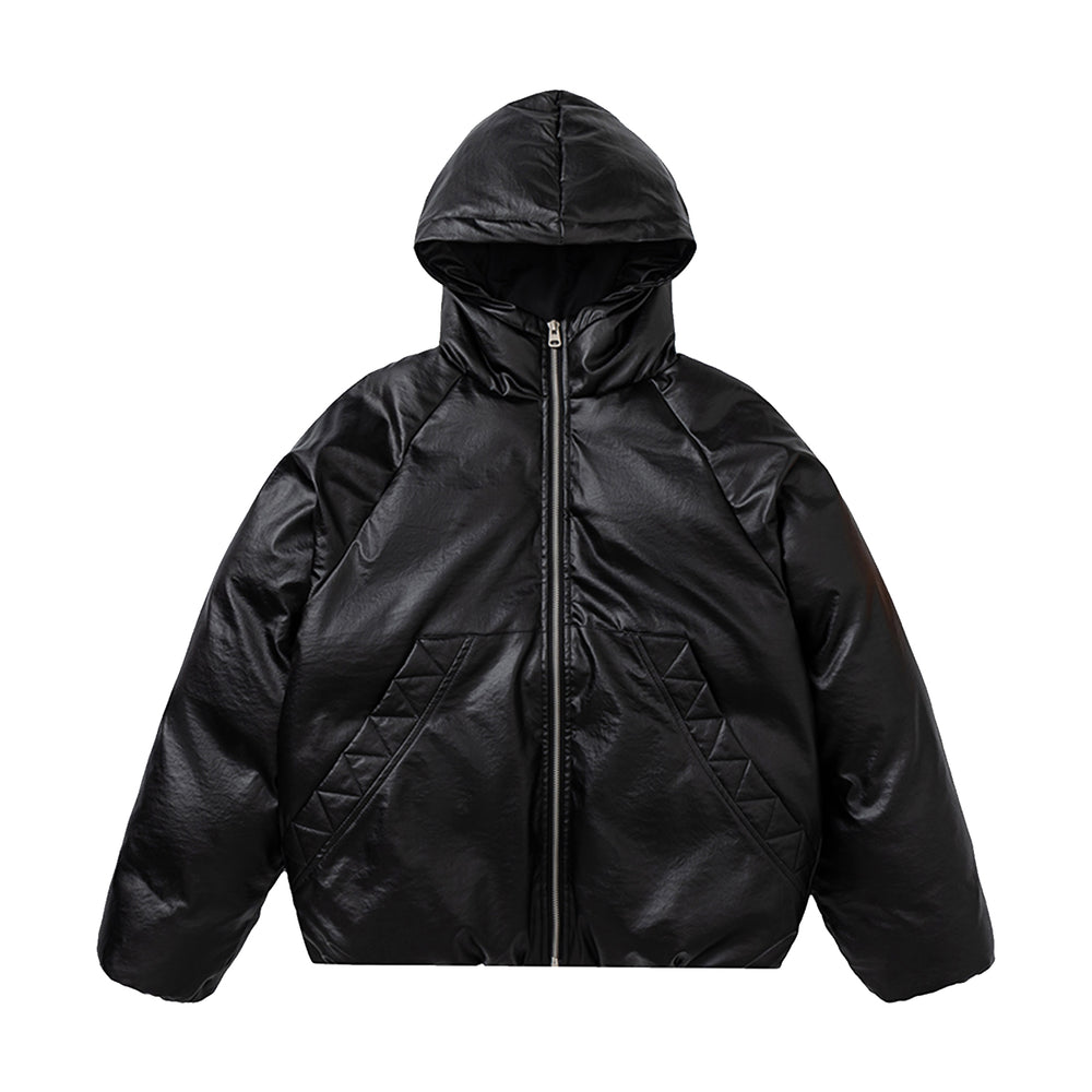 F3F Select Windproof Hooded PU Leather Puffer Bomber Jacket | Face 3 Face