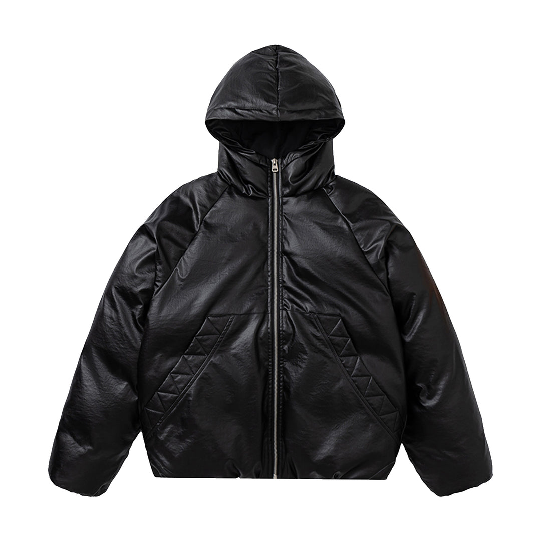 F3F Select Windproof Hooded PU Leather Puffer Bomber Jacket | Face 3 Face