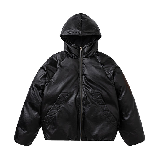 F3F Select Windproof Hooded PU Leather Puffer Bomber Jacket | Face 3 Face