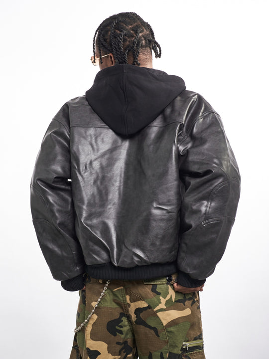 F3F Select PU Leather Hooded Fake Two Piece Jacket | Face 3 Face