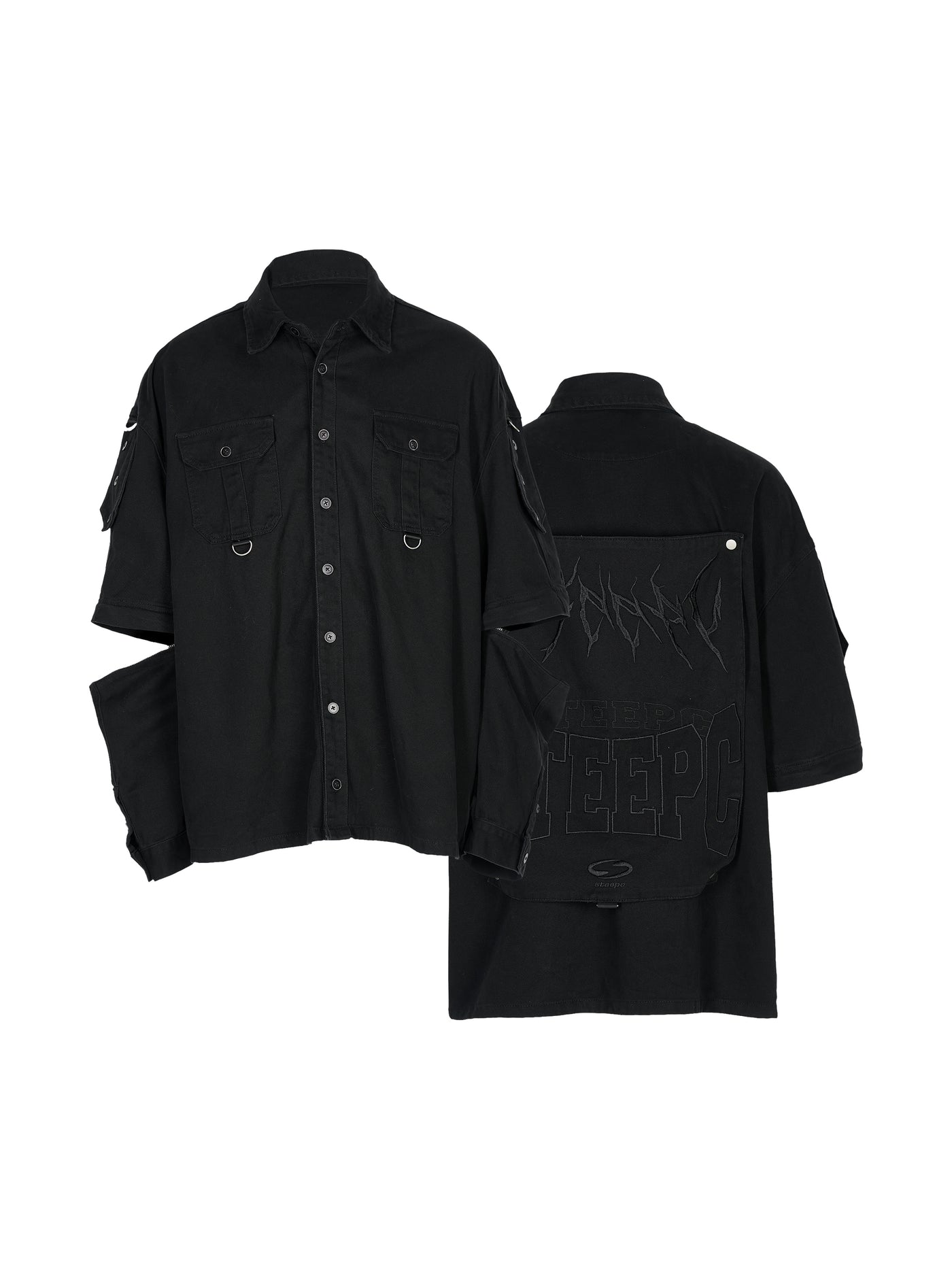 STEEPC Detachable Sleeve Embroidery Black Oversized Shirt Jacket | Face 3 Face