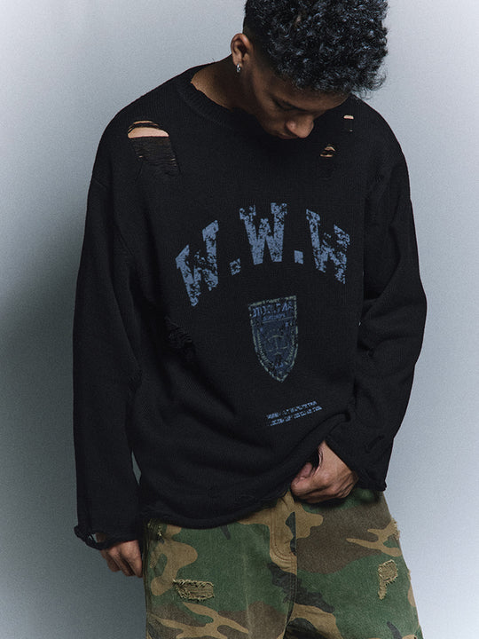 ANTIDOTE Hole Breaking Badge Printed Knit Sweater | Face 3 Face