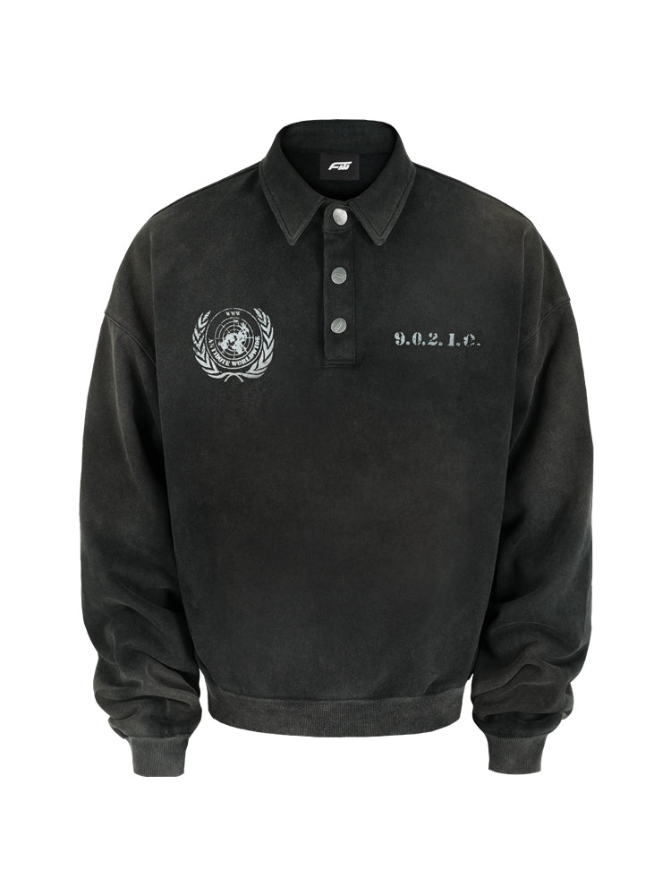 ANTIDOTE Badge Printed Washed Polo Sweatshirt | Face 3 Face