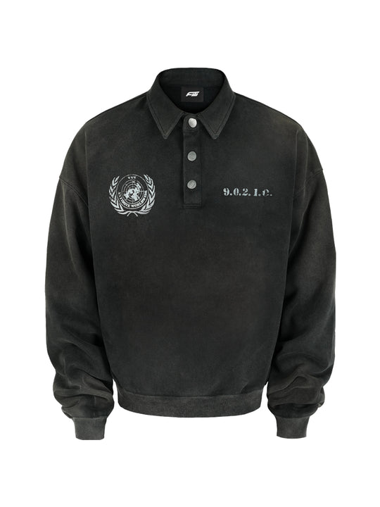 ANTIDOTE Badge Printed Washed Polo Sweatshirt | Face 3 Face