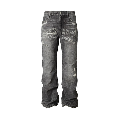 YADcrew Pearl Embroidery Jigsaw Print Jeans | Face 3 Face