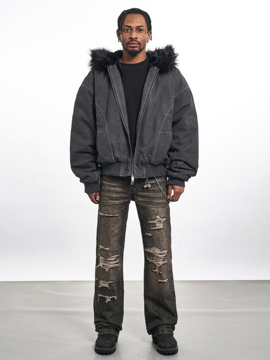 F3F Select Washed Deconstruction Fur Hooded Bomber Jacket | Face 3 Face