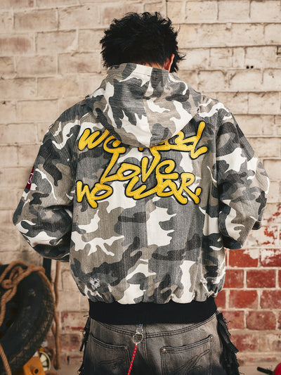 S45 Camouflage Slogan Patch Leather Hooded Jacket | Face 3 Face