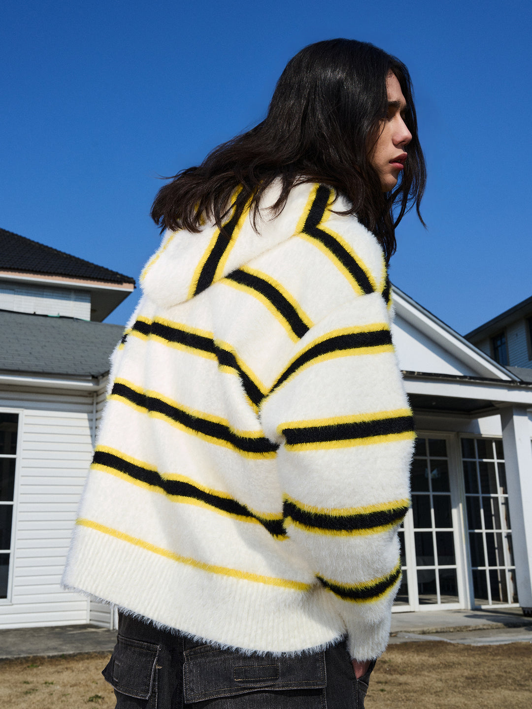 AFGK Striped Zipper Hooded Peplum Knit Jacket