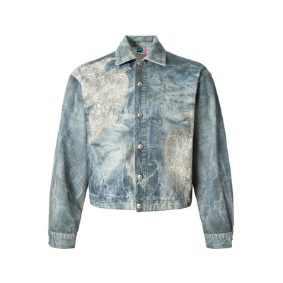 YADcrew Lace Peace Dove Faux Distressed Washed Print Denim Jacket | Face 3 Face