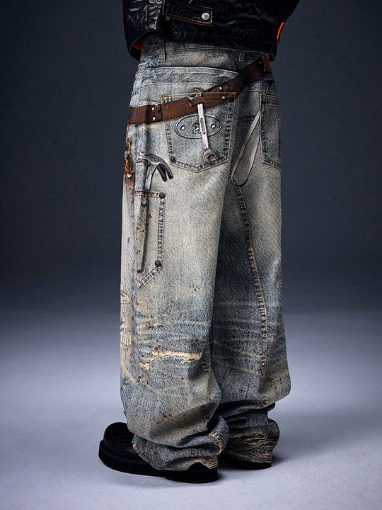 YADcrew 3D Printed Belt Bag Bear Double Knee Baggy Jeans | Face 3 Face