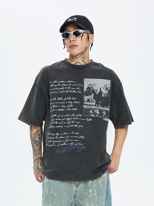F2CE Washed Old Picture Slogan Letter Print Tee