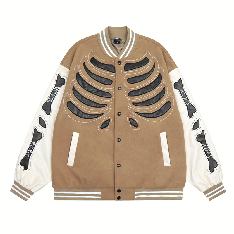 F3F Select PU Leather Skeleton Embroidered Baseball Jacket