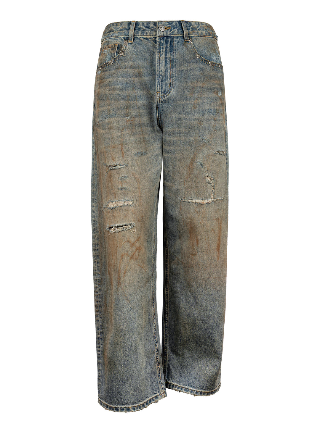 EVILKNIGHT(EK) Customized Rivets Dirty Wash Holes Denim Jeans