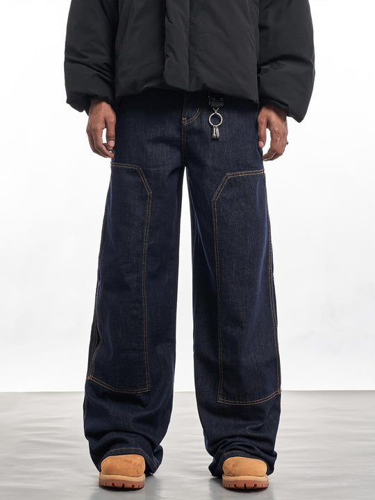 F3F Select Stitch Lines Dark Blue Double Knee Jeans | Face 3 Face