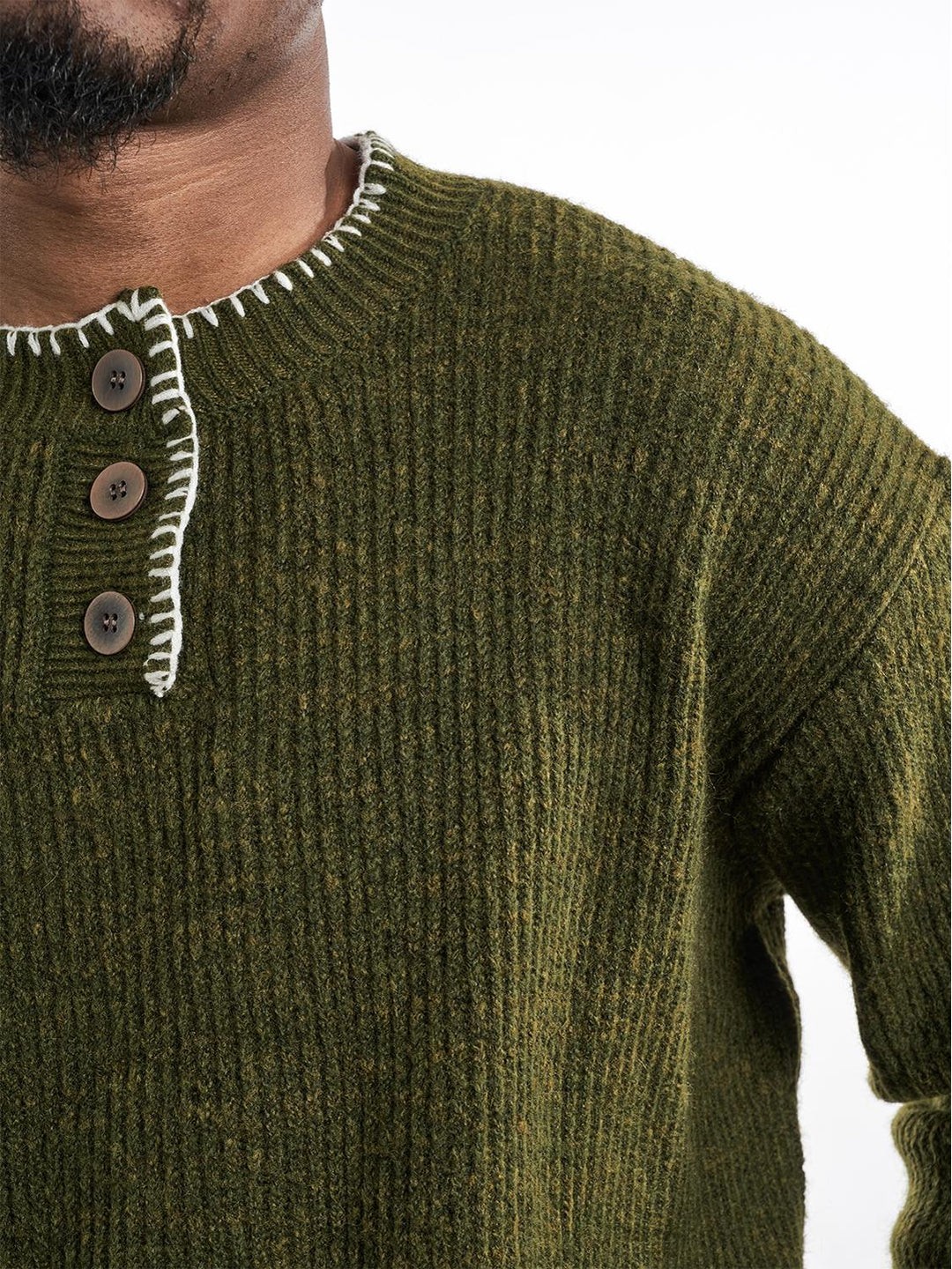 F3F Select White Stitching Henley Neck Knit Sweater | Face 3 Face