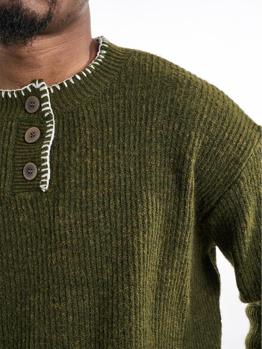 F3F Select White Stitching Henley Neck Knit Sweater | Face 3 Face