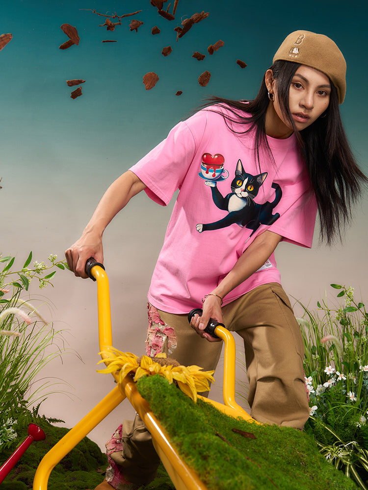 YADcrew “Obsessed Cat” Shake Pink Printed Tee | Face 3 Face