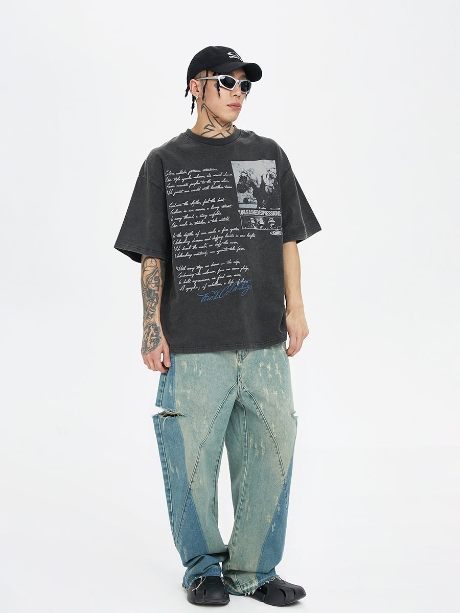 F2CE Washed Old Picture Slogan Letter Print Tee