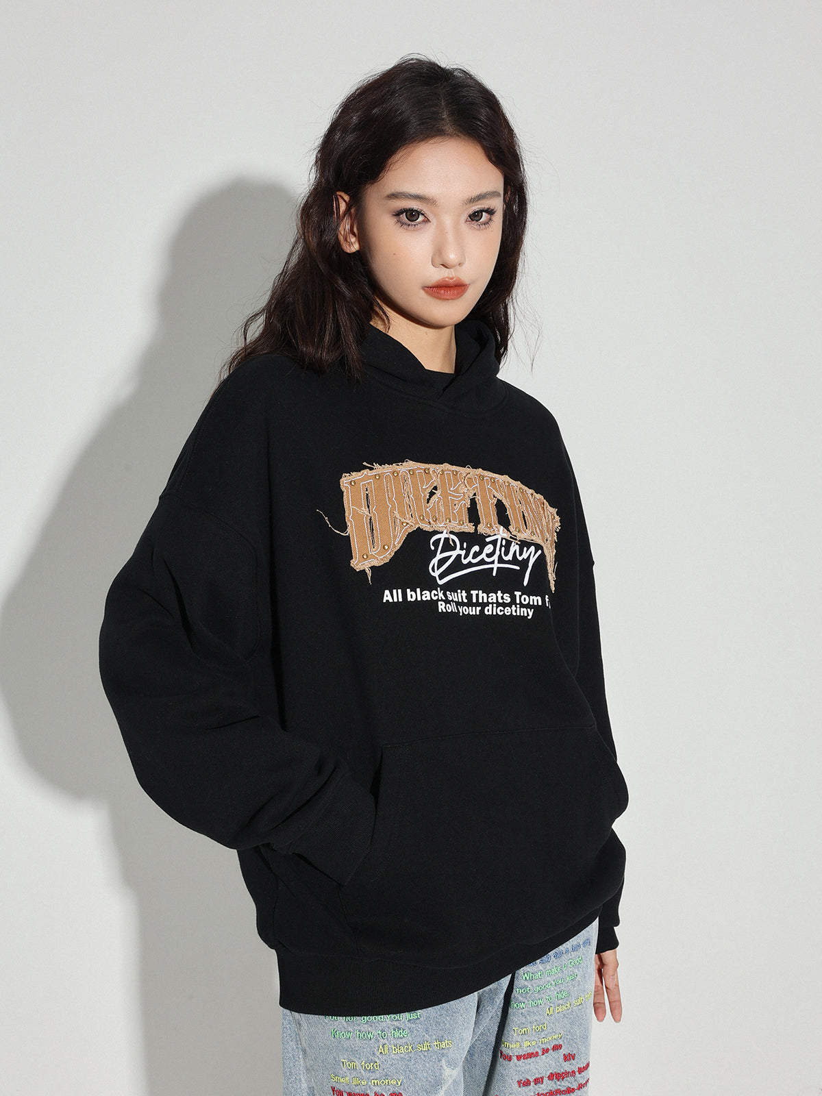 DICETINY Denim Patch Logo Studs Hoodie | Face 3 Face