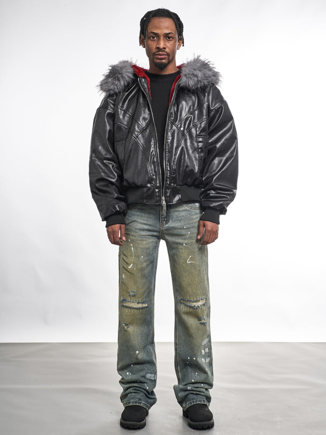 F3F Select Red Velvet Lining PU Leather Fur Hooded Bomber Jacket | Face 3 Face