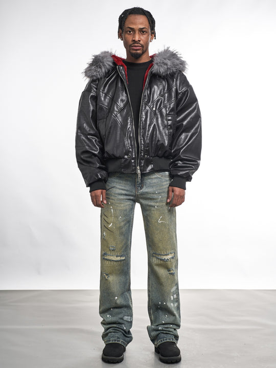 F3F Select Red Velvet Lining PU Leather Fur Hooded Bomber Jacket | Face 3 Face