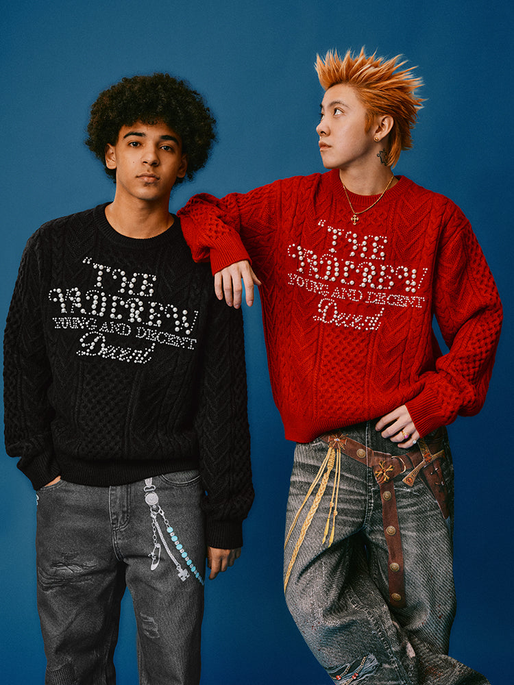 YADcrew Pearl Text Typography Knit Sweater | Face 3 Face