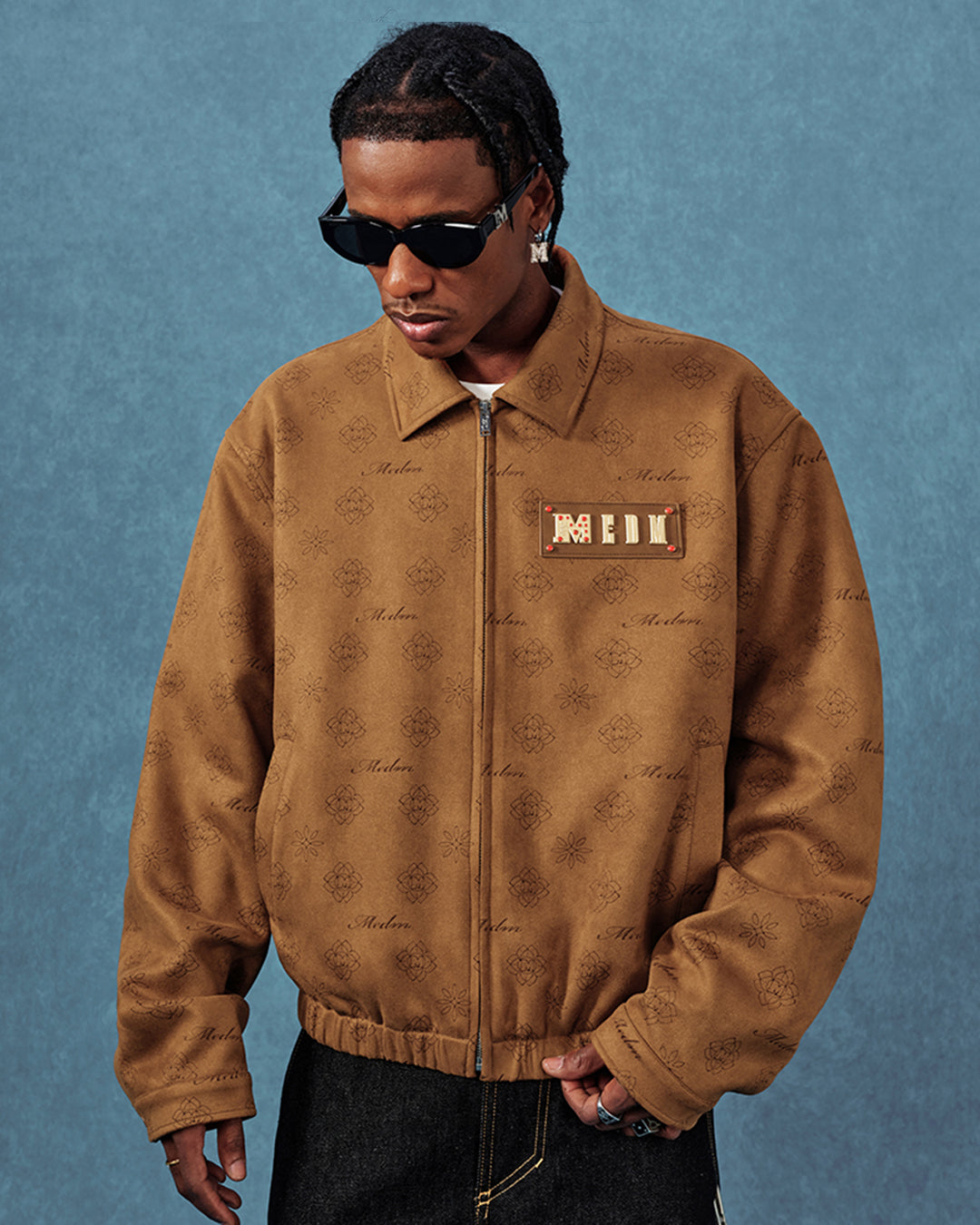 MEDM Leather Logo All-Over Monogram Suede Jacket | Face 3 Face