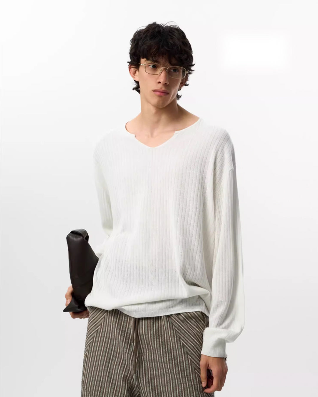 JHYQ Lightweight Striped V-neck Jacquard Knit Sweater | Face 3 Face