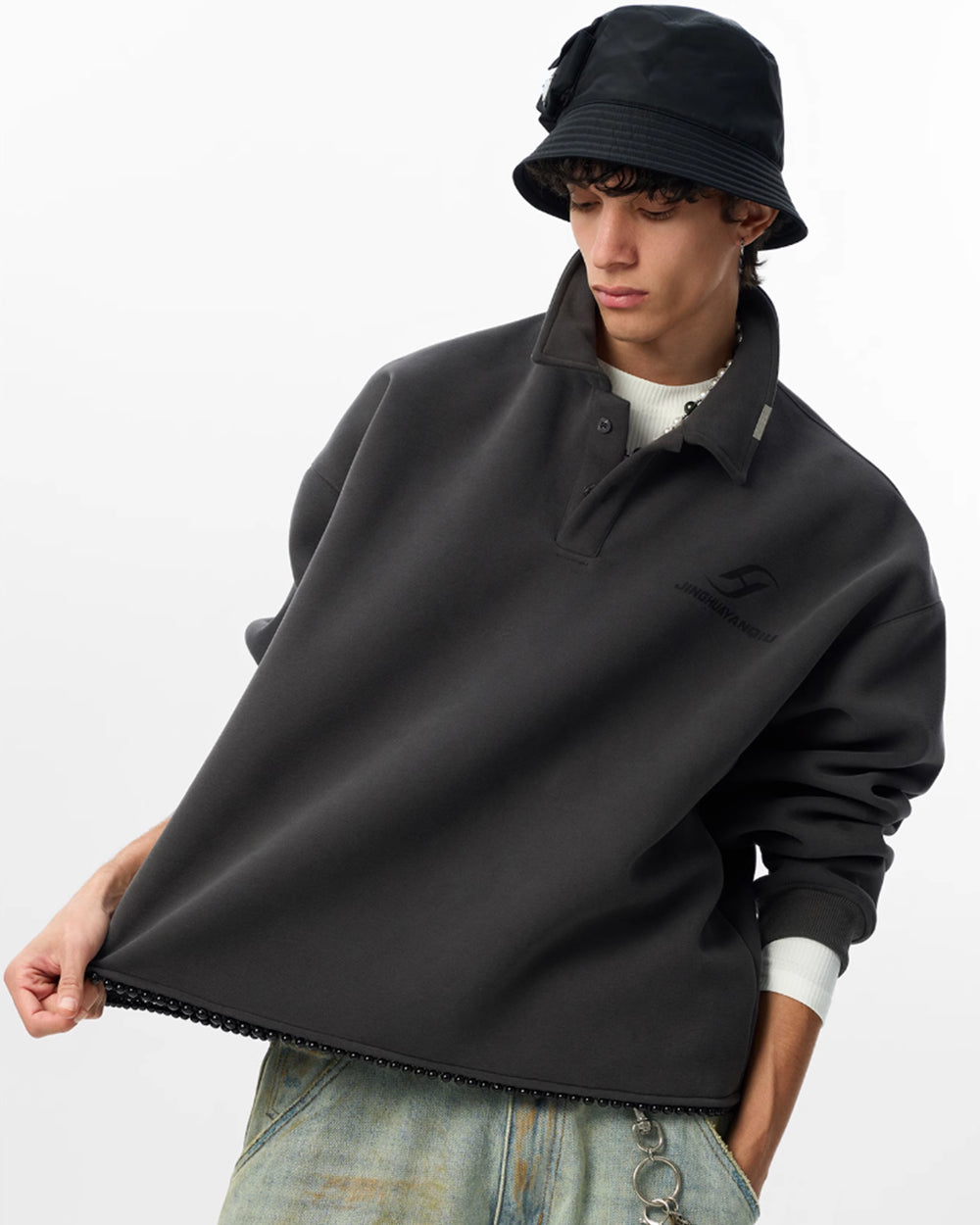 JHYQ Beaded Hem Polo-Collared Cropped Sweatshirt | Face 3 Face