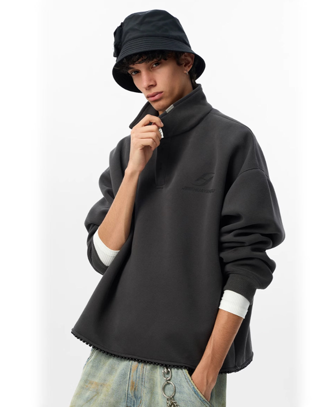 JHYQ Beaded Hem Polo-Collared Cropped Sweatshirt | Face 3 Face