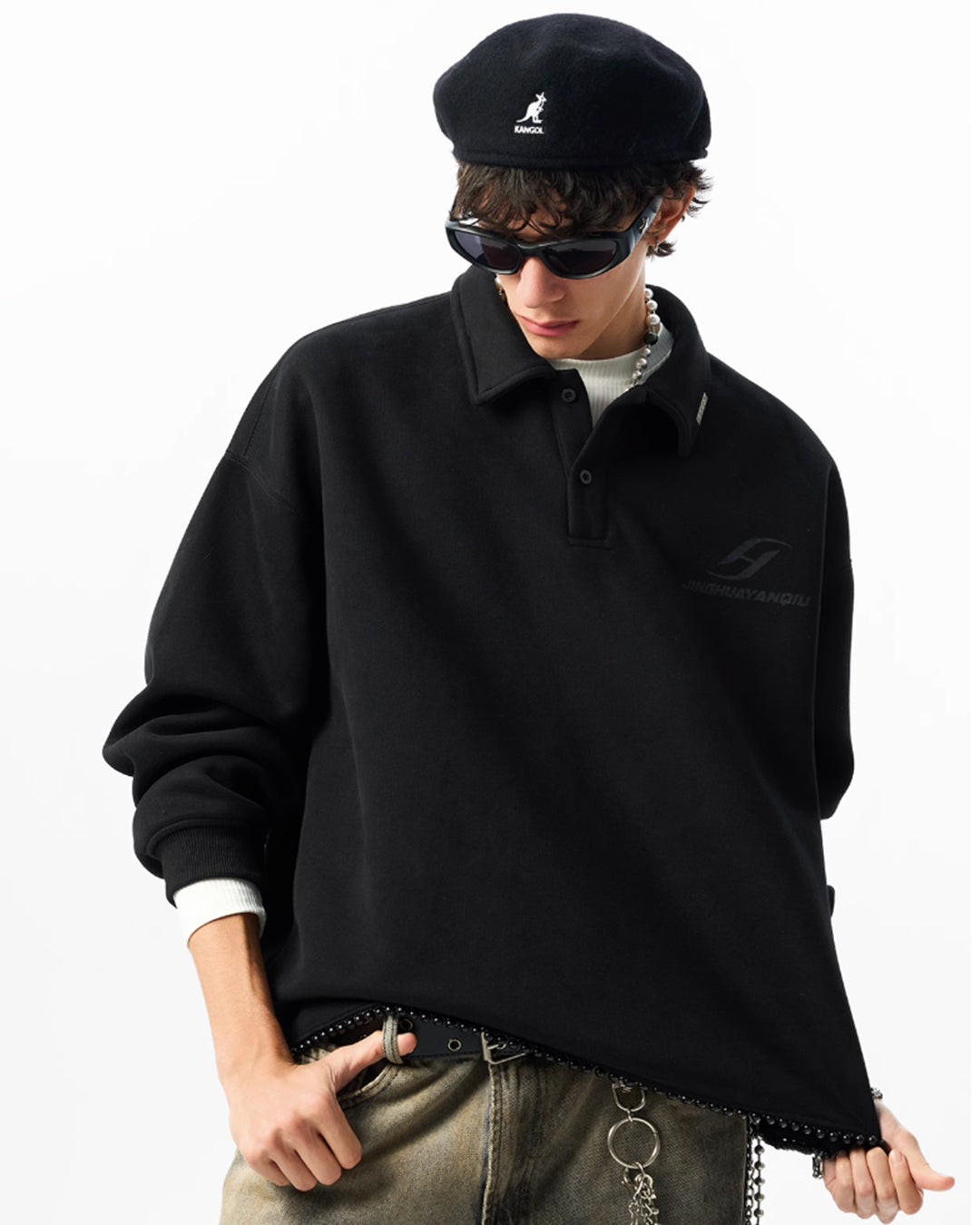 JHYQ Beaded Hem Polo-Collared Cropped Sweatshirt | Face 3 Face