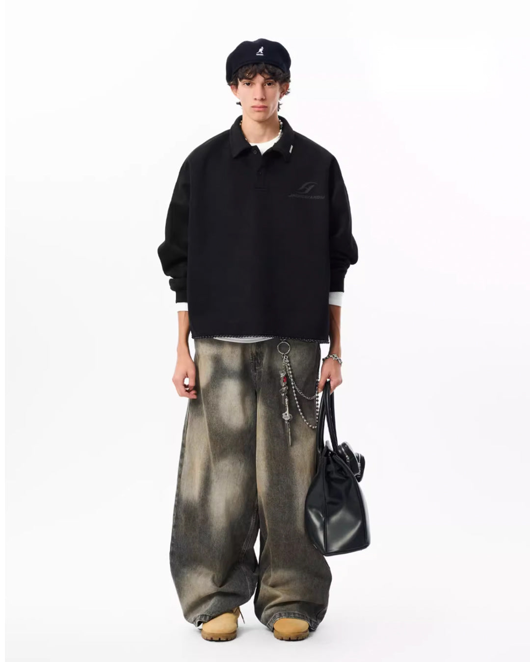 JHYQ Beaded Hem Polo-Collared Cropped Sweatshirt | Face 3 Face