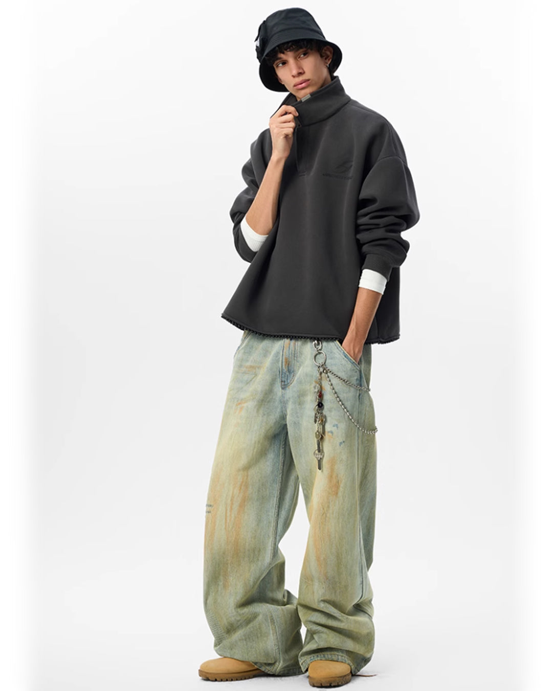 JHYQ Beaded Hem Polo-Collared Cropped Sweatshirt | Face 3 Face