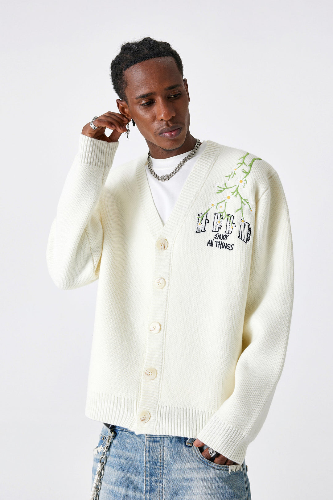 MEDM Flower Logo Embroidered Knit Cardigan