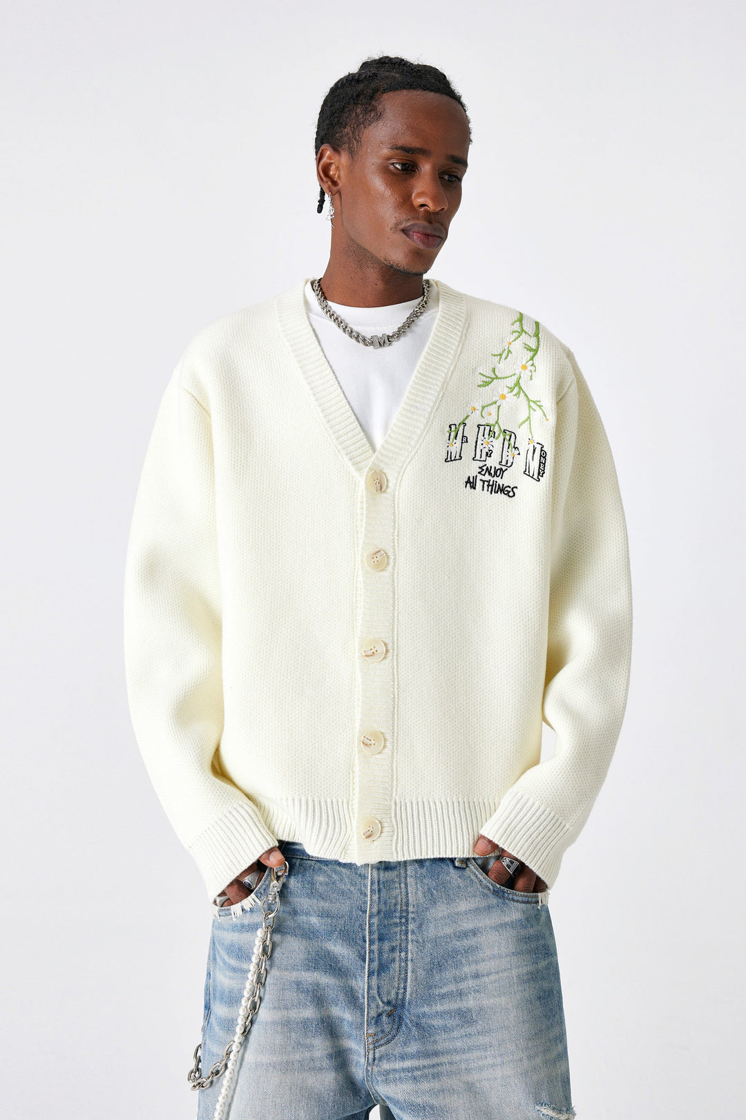 MEDM Flower Logo Embroidered Knit Cardigan