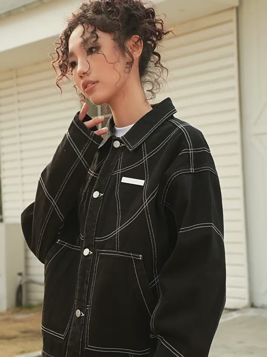 AFGK Patchwork Black Stitching Plaid Lapel Denim Jacket