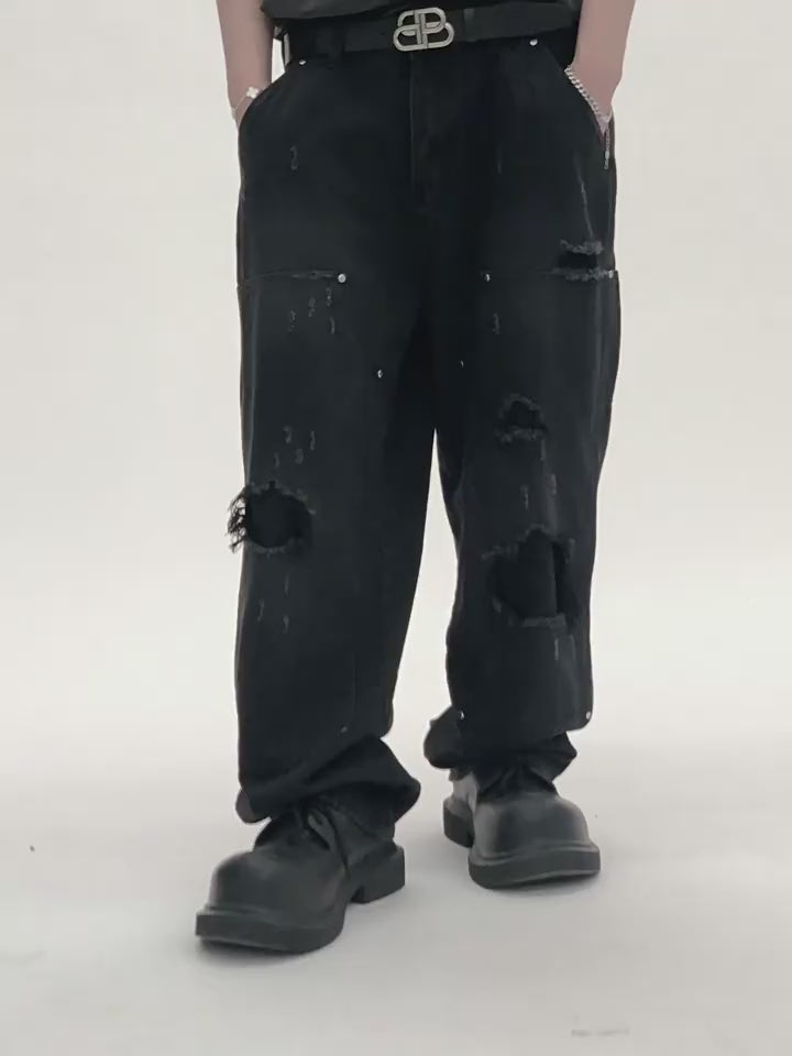 Harsh and Cruel Ripped Straight Stitched Denim Pants