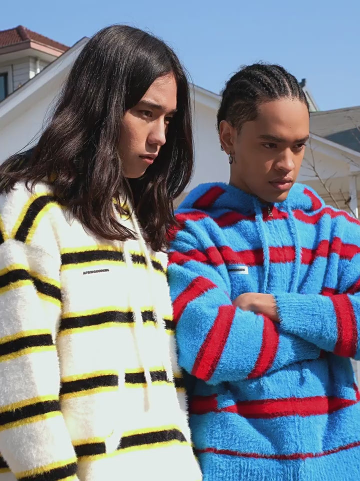 AFGK Striped Zipper Hooded Peplum Knit Jacket