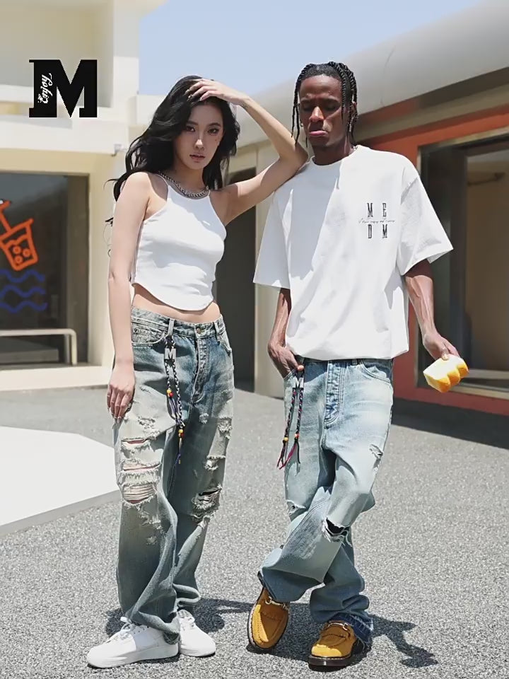 MEDM Labeled Drawstring Washed Hole Denim Pants