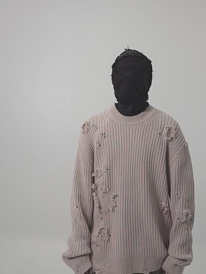 UNDERWATER Washed Handmade Destruction Patchwork Knit Sweater Beige