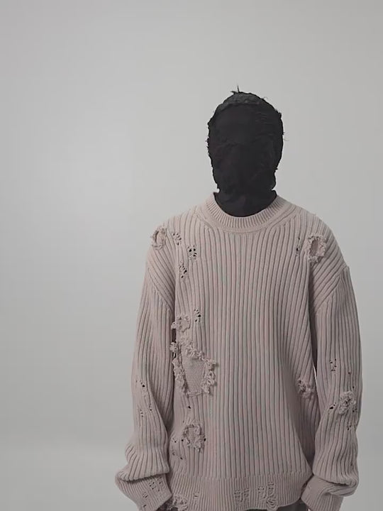 UNDERWATER Washed Handmade Destruction Patchwork Knit Sweater Beige