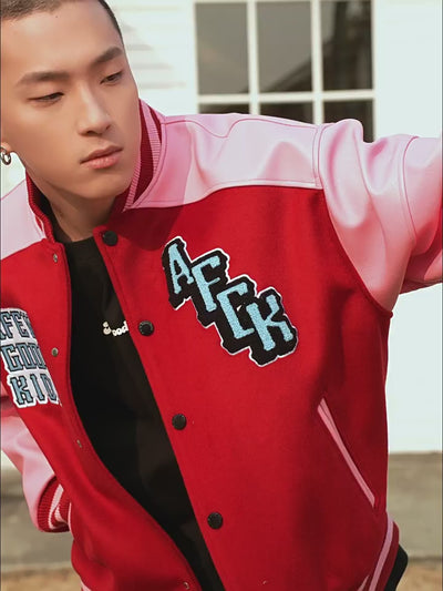 AFGK Angel Embroidery Color Blocking Lapel Baseball Jacket