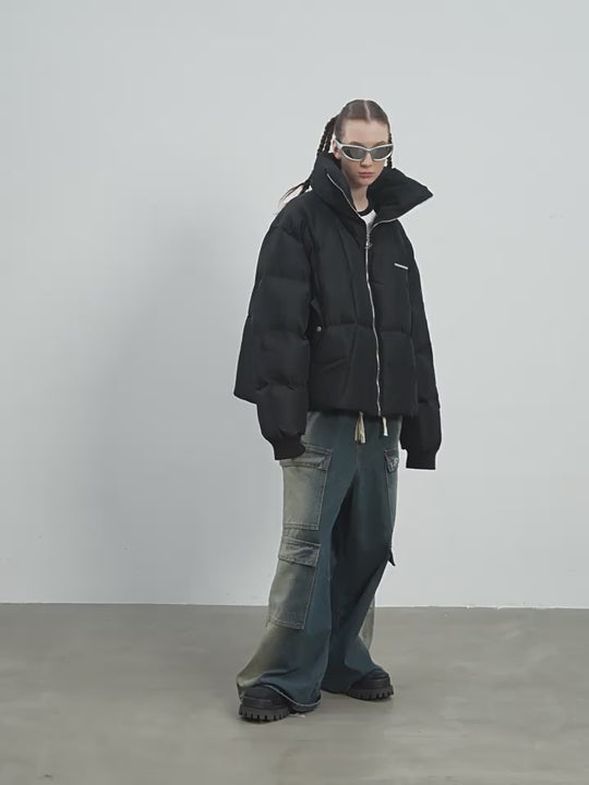 Harsh and Cruel Stand up Collar Metal Logo Down Jacket