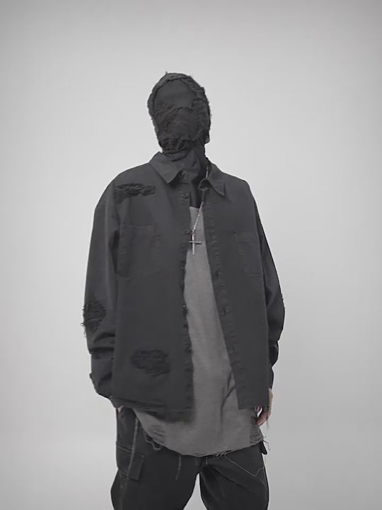 UNDERWATER Sand Washed Destroyed Needle Embroidery Shirt Jacket