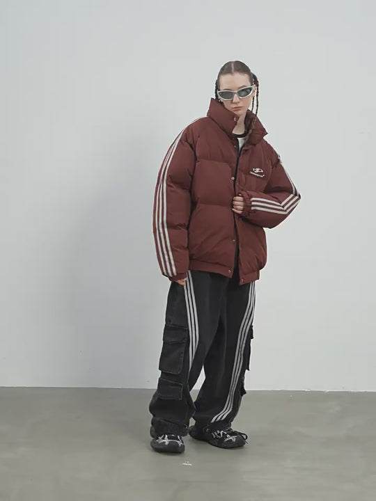 Harsh and Cruel Striped Sleeves Embroidered Logo Down Jacket