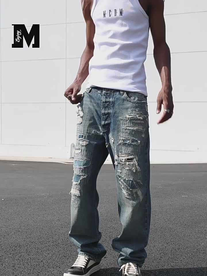 MEDM Engineering Patches Hole Denim Jeans