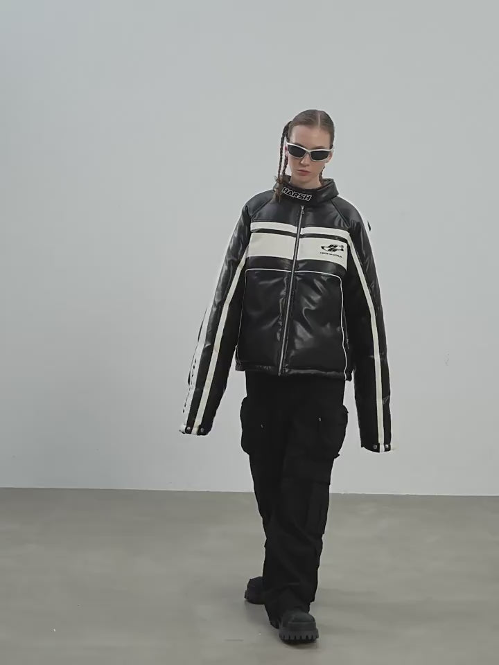 Harsh and Cruel Deconstructed Stitched Racing Leather Down Jacket