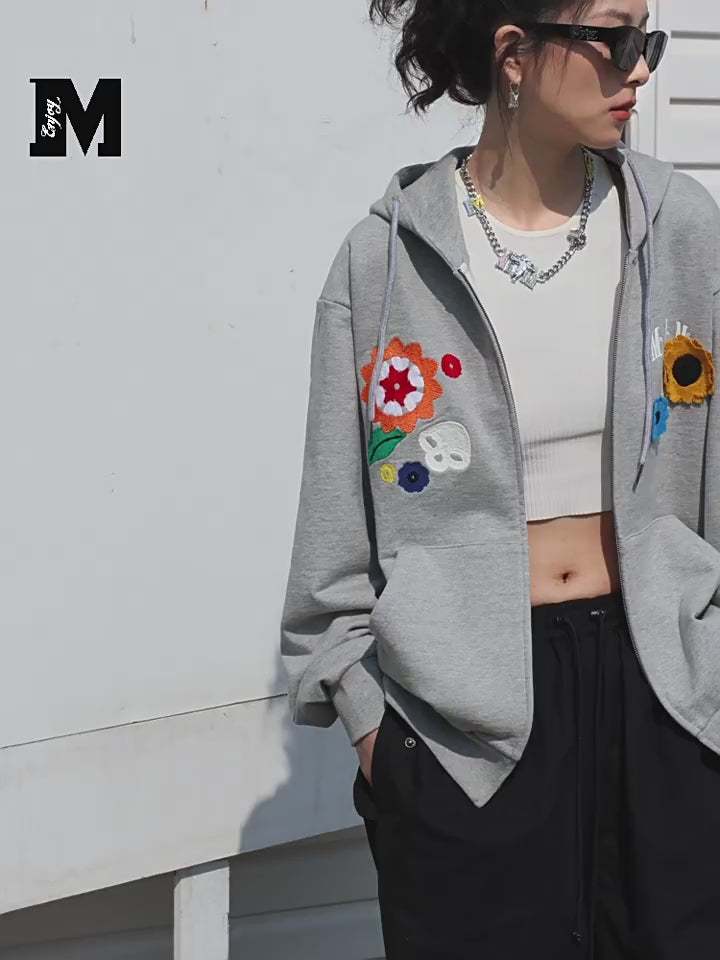 MEDM Flower Crochet Embroidery Zipper Hoodie